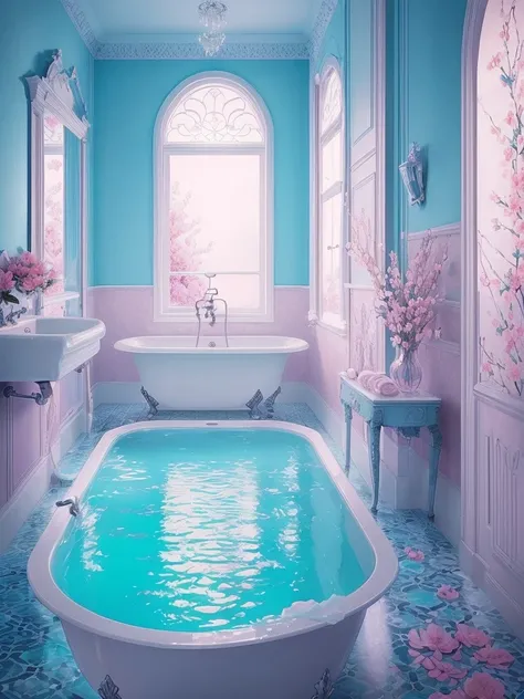 there is a bathtub with pink flowers in a blue tiled bathroom, a photorealistic painting by Anna Haifisch, tumblr, romanticism, pink water in a large bath, dreamy aesthetic, fantasy aesthetic!, very magical and dreamy, beautiful and aesthetic, beautiful ae...