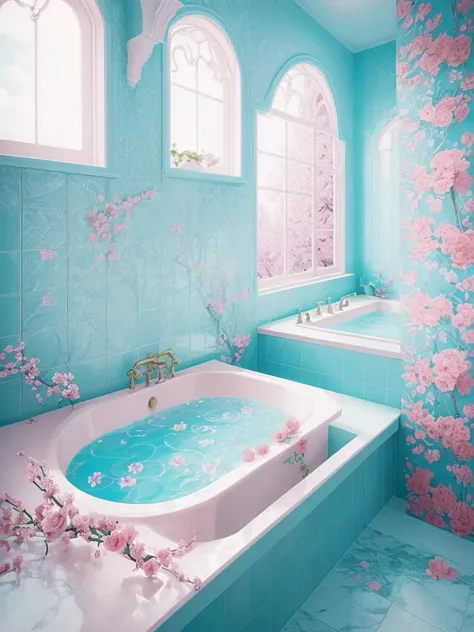 there is a bathtub with pink flowers in a blue tiled bathroom, pink water in a large bath, dreamy aesthetic, fantasy aesthetic!, very magical and dreamy, beautiful and aesthetic, beautiful aesthetic, fantasy aesthetic, aesthetic!!!!, sailor moon aesthetic,...