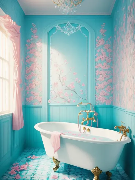 there is a bathtub with pink flowers in a blue tiled bathroom, pink water in a large bath, dreamy aesthetic, fantasy aesthetic!, very magical and dreamy, beautiful and aesthetic, beautiful aesthetic, fantasy aesthetic, aesthetic!!!!, sailor moon aesthetic,...