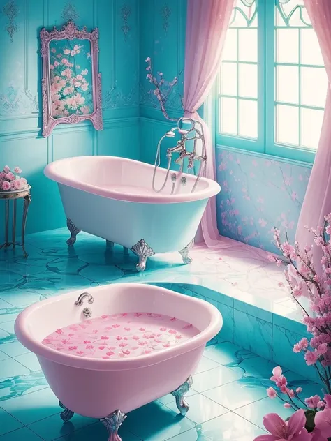 there is a bathtub with pink flowers in a blue tiled bathroom, pink water in a large bath, dreamy aesthetic, fantasy aesthetic!, very magical and dreamy, beautiful and aesthetic, beautiful aesthetic, fantasy aesthetic, aesthetic!!!!, sailor moon aesthetic,...