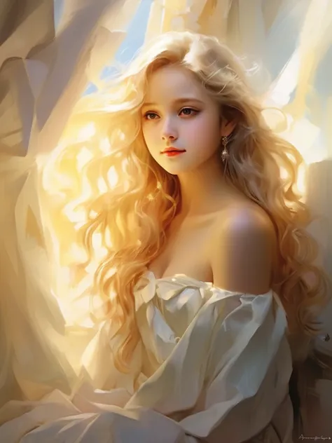 1 angel girl, facing forward、wings on your back、blonde, long hair, alone、smile、magic, strapless white dress、hopeful face、（miyo t...