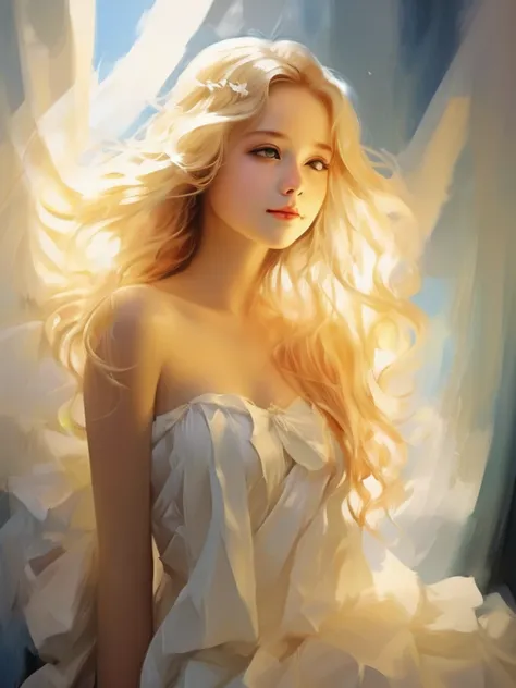 1 angel girl, facing forward、wings on your back、blonde, long hair, alone、smile、magic, strapless white dress、hopeful face、（miyo t...