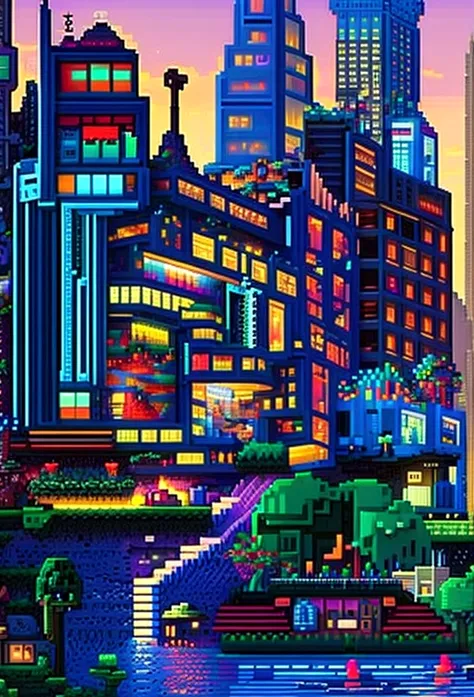 pixel art, ultra-detailed,vivid colors,sunset lighting,masterpiece:1.2,medium,detailed pixelated characters,dynamic backgrounds,colorful landscapes,retro gaming,80s vibes,lively cityscape,varied architectural signs,reflection effects,flawless pixelation,me...