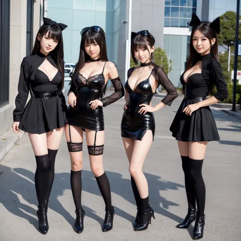 Three cute, beautiful Japanese girls in sexy black outfits. The camera angle is a full shot, so the characters whole bodies are included. The characters are posed standing upright.