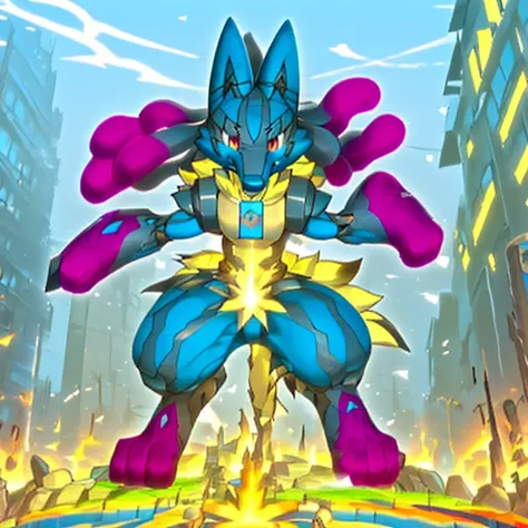 (masterpiece. official art. 8k. best quality. detailed full body. full body.)

(situation 1 : dominating mega lucario. focus GIANT mechanical Muscular mega lucario is trampling the CITY. macro. stomp. Low-angle perspective. emphasizing the immense size. Th...