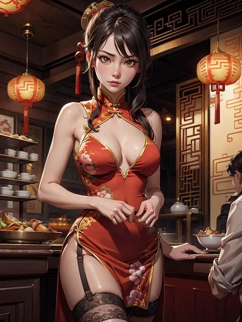 High resolution, adult woman , good lighting, despicable, , (No nudity), (((China dress))), (()), ((())), (garter belt), abdomen only, (),  detailed chinese restaurant in background,  cute face, I&#39;m embarrassed and blush, humiliating, ((turn around and...