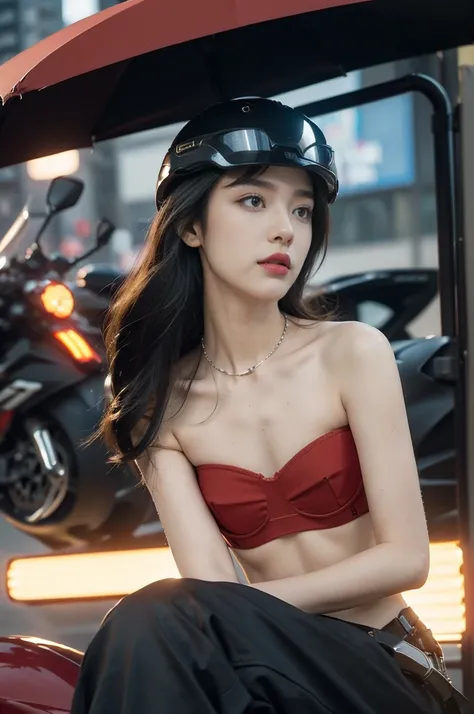 (((best quality))),(((ultra detailed))),(((masterpiece))),illustration,(1 beautiful girl,solo),((slim,thin)),((small breasts,flat chest)),(safety helmet:1.3),shoulder length straight bob hair,cyberpunk, urban street,high school student, JK outfit,(riding o...