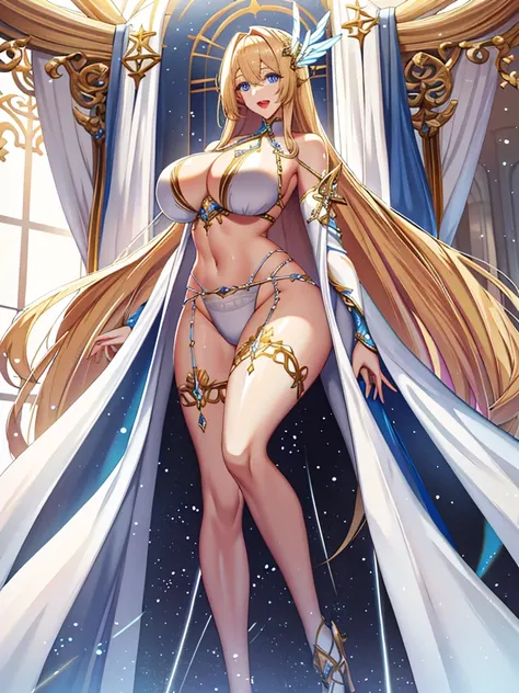 A priestess wearing a white bikini,Valkyrie,Beautiful standing posture、Walking towards me、Sitting on the bed、Healing、Angel Wings,belly button,Complex,Particles of light,Thighs,Shiny skin,Big Mouth、Long legs、Perfect lighting, One adult woman, Open Mouth Smi...