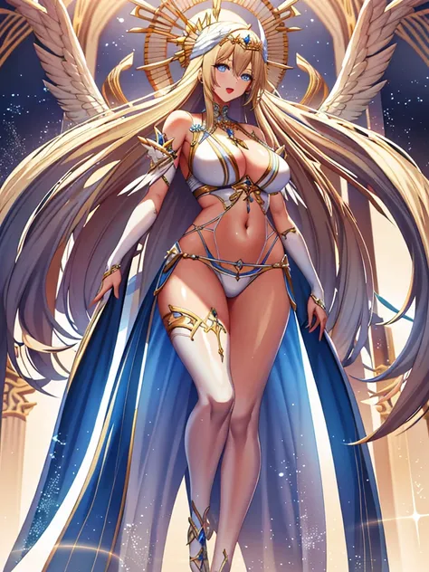 A priestess wearing a white bikini,Valkyrie,Beautiful standing posture、Walking towards me、Sitting on the bed、Healing、Angel Wings,belly button,Complex,Particles of light,Thighs,Shiny skin,Big Mouth、Long legs、Perfect lighting, One adult woman, Open Mouth Smi...