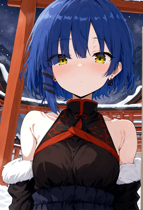 (best quality, highres, masterpiece : 1.4), (flatten art : 0.8), masterpiece, (best quality), 1girl (onee-san vibe) , anime, deep blue hair hair, 2 black hair clip, black pin earring, fair skin, faint yelllow eyes, small sized breast, no expression, (detai...