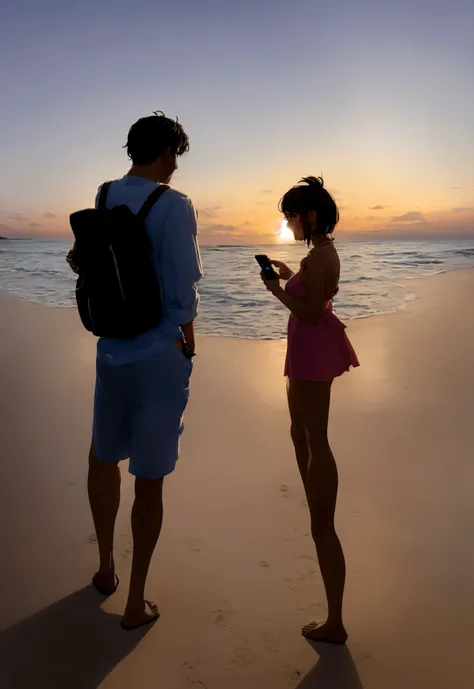 A man and a woman standing back to back on a midsummer beach　Light-hearted　Both men and women are using smartphones