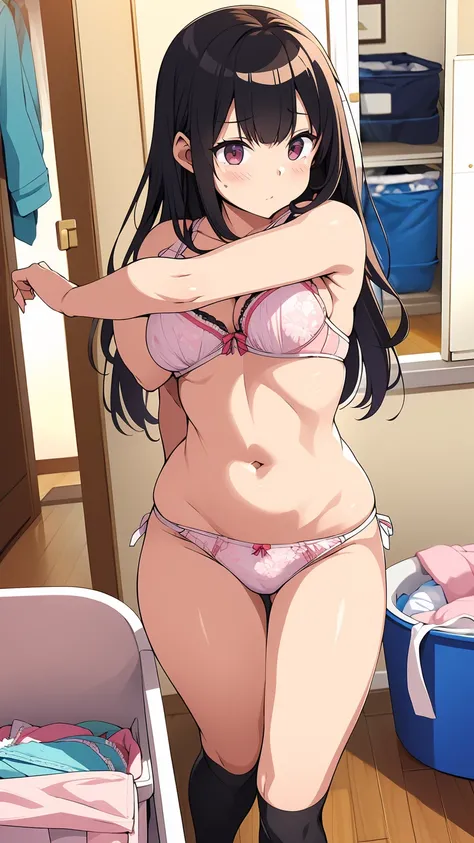 High resolution、4K quality、Highest quality、younger sister、Lolita、pantiesが床に落ちている、Surprised expression、白のコットンpanties、panties、used underwear、Crotch stain、Discarded underwear、panties単体、Laundry basket、strip、Underwear is scattered、Underwear is scattered、床一面たくさん...