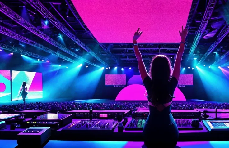 there is a woman in a sexy costume in front of the dj mixing desk,  model with hands raised, in front of the crowd at the show,,...