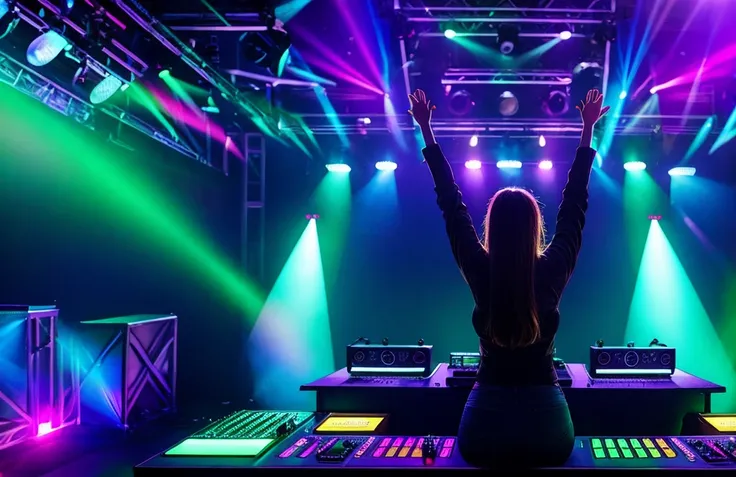 there is a woman in a sexy costume in front of the dj mixing desk,  model with hands raised, in front of the crowd at the show,,...