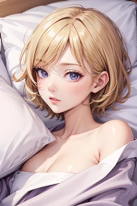 blonde, short hair, girl１, sleep in bed, (White sheets), (White pillow),close up of face, completely nude, [[[[pale purple eyes]]]],