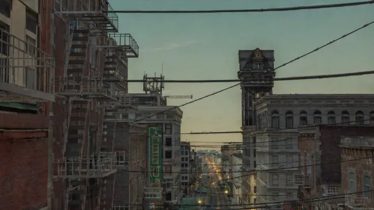 city street, electricity wires stretch from house to house, balconies with fire escapes, American State, USA, San Francisco, a construction crane can be seen in the distance from behind the house, in the center there is an empty road between the houses, th...