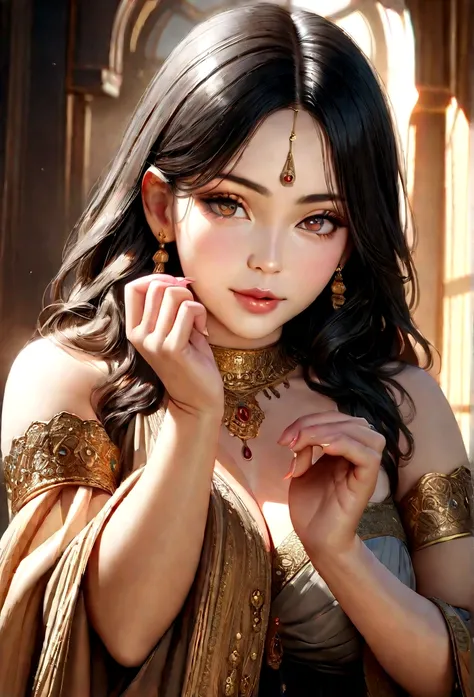 Goddess of Indian, with black hair and brown eyes, is glossy-skinned with big ,looks gorgeous or hot photorealistic, super high quality, super detail, ultra-accurate description of hands, masterpiece, 8K, HDR