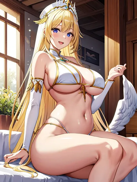 A priestess wearing a white bikini,Valkyrie,Beautiful sitting posture、Walking towards me、Sitting on the bed、Healing、Angel Wings,belly button,simple,Particles of light,Thighs,Shiny skin,Big Mouth、Perfect lighting, One adult woman, Open Mouth Smile、(Highest ...