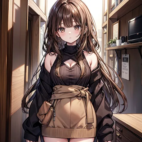 masterpiece, highest quality, whole body, one girl, bangs,brown hair、from the waist up、brown sweater、brown sleeveless sweater、bl...