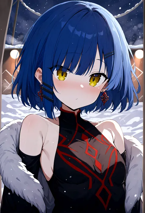 (best quality, highres, masterpiece : 1.4), (flatten art : 0.8), masterpiece, (best quality), 1girl (onee-san vibe) , anime, deep blue hair hair, 2 black hair clip, black pin earring, fair skin, faint yelllow eyes, small sized breast, no expression, (detai...