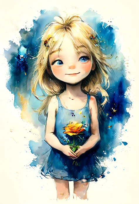 vintage watercolor drawing,  a little blonde girl holding a large vibrant flower to her chest. ao redor, there are smaller flowers and butterflies, some appearing to be in motion. The background has a soft watercolor texture with shades of blue and yellow....