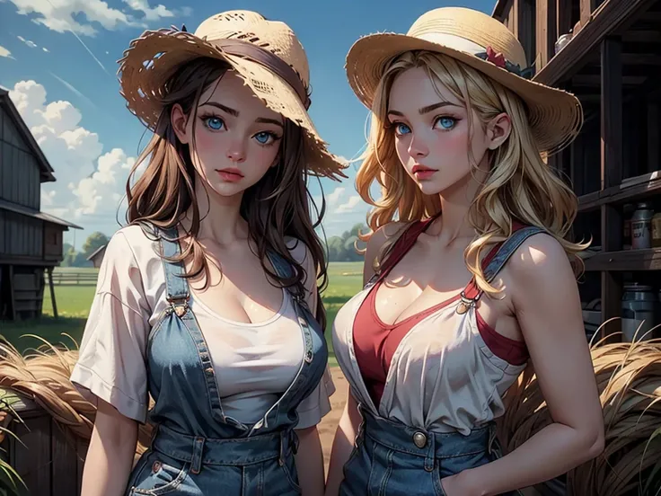 (an oil painting)、cowboy  shot、realisitic、top-quality、​masterpiece、realisitic、(Farm theme:0.9)、shinny eyes、Woman in overalls、white t-shirts、a straw fedora hat、gorgeous woman、a blond、hair wavy、de pele branca、cleavage of the breast、Blue eyeorning glow、Seduct...