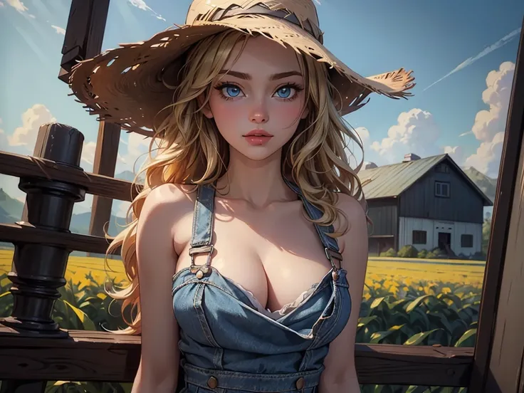 (an oil painting)、cowboy  shot、realisitic、top-quality、​masterpiece、realisitic、(Farm theme:0.9)、shinny eyes、Woman in overalls、white t-shirts、a straw fedora hat、gorgeous woman、a blond、hair wavy、de pele branca、cleavage of the breast、Blue eyeorning glow、Seduct...