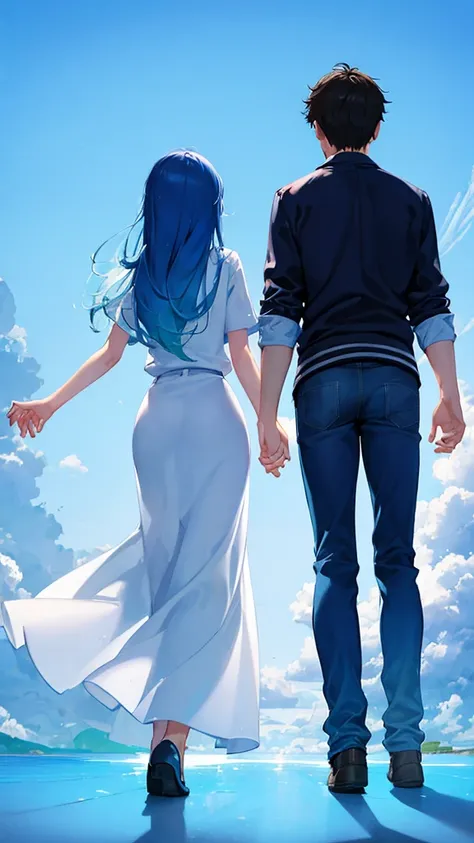 Emotional blue sky　Back view of a man and woman holding hands　Casual clothing　An illustration