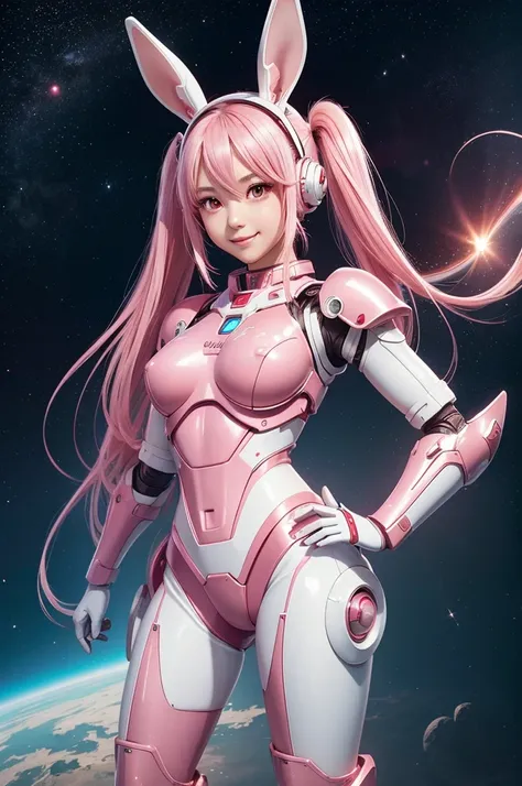 Perfect human body modeling, 1girl, small breasts, beautiful girl, cute girl and idol face, young face, smile, Beautiful long pink hair, twintails, Beautiful shining red eyes, white skin, Short body, Rabbit ears in robot style, powered armor, full armor, p...