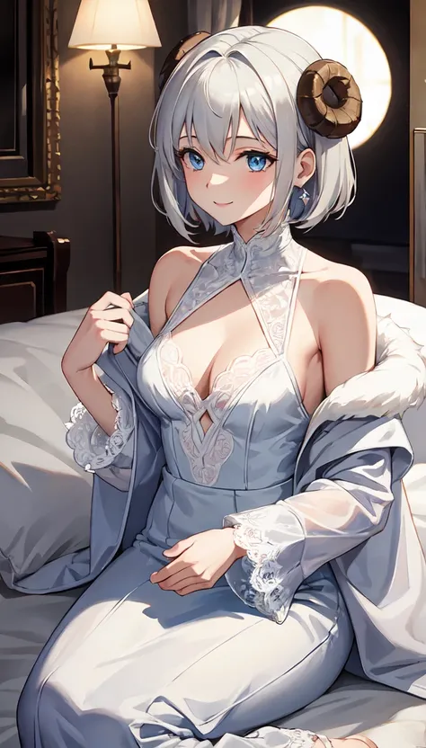 masterpiece, Soft Shading, Perfect Anatomy, Perfect lighting, Perfect focus, Healing, alone, One girl, Furry, Shaggy Sheep, Anthropomorphic, woman, Silver fur, Silvery skin, blue eyes, Before going to bed, pajamas,Long sleeve，Long skirt，(White lace)，Small ...