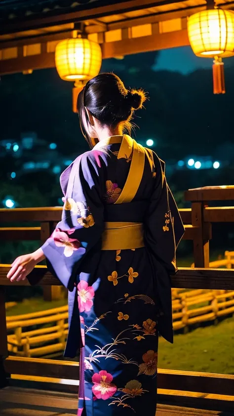 Kyoto 、At the foot of the mountain、night、Japanese kimono、Gazing at the large bonfire、uppercase letter、Kyoto at Night、Woman from behind、　　Rear view of a woman wearing a kimono　