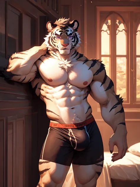 bara white tiger furry leaning on wall wearing only tight purple colored boxer briefs, tall, massive pecs, broad shoulders, sultry gaze, purple eyes, smirking at camera seductively, one hand near his cock, looking at viewer, huge bulge, bedroom, sunlight c...