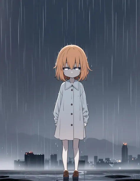 Anime fox girl, orange hair, dead eyes, neutral face, basking in the rain, rain background, cityscape, pale colors, 