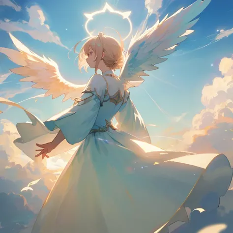 (masterpiece, Highest quality:1.3), Ultra high definition, Fantasy, Angel、woman、dancing、cloud、temple、Beautiful light、Halo、Overlooking、Back view、dress、Swaying in the Wind、Big wings on the back、Looking up at the sky