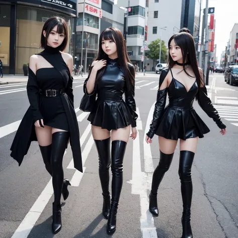 Three cute, beautiful Japanese girls are wearing sexy black outfits. The camera angle is a full shot, so the characters whole bodies are included. The characters are walking forward facing the camera.