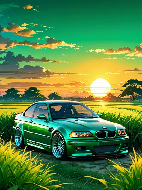 anime landscape of a pearl bottle green classic bmw m3 e46 sport sits in a field of tall grass with a sunset in the background.b...