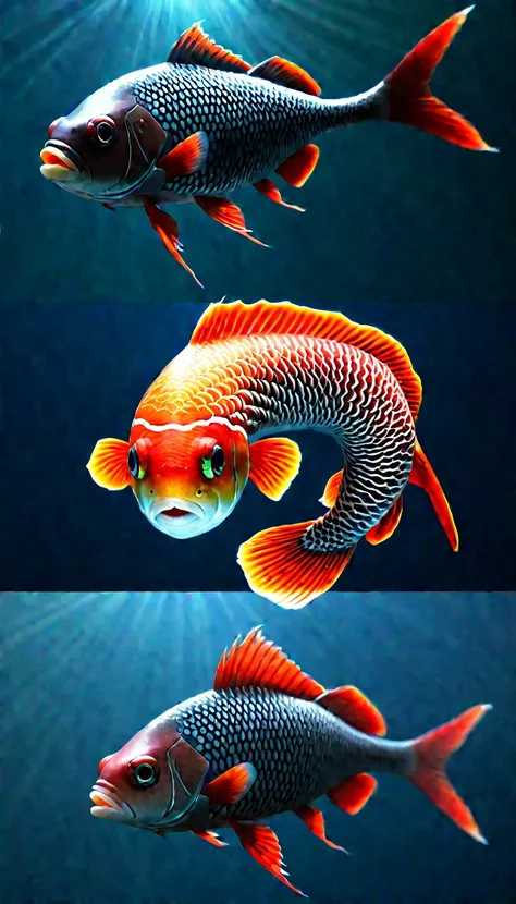 Panorama，河里有一种Mysterious Creatures：Red fish body，Human face，Mysterious Creatures, shrike, (best quality，4K，8K，High level，masterpiece：1.2），Ultra Detailed，（lifelike，Photo real，Photo real：1.37），Highly detailed animals，Complex patterns，Realistic lighting，Fanta...