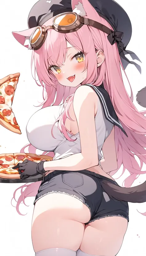 Pizza, 1girl, pink hair, animal ears, solo, chest, tail, big breasts, yellow eyes, ass, black hat, thighs, long hair, look at the viewer, tongue, goggles, white thighs, gloves, fangs, black gloves, blush, shorts, white background, simple background, goggle...