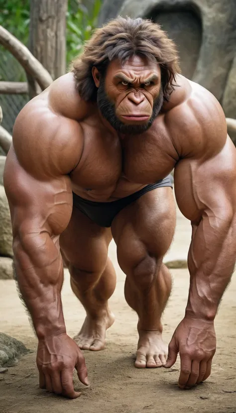 (RAW photo of a Neanderthals:1) , (hyper realistic:1.4), (Neanderthal man:1.4),(half gorilla mix :0.5),(big bulge:1.5), tall, bulky,hulk body, chubby belly, (very muscular:2), (hairy body:1.5),(detail face:1.1), tan skin, thick arms, (veiny arms:1.1), (blo...