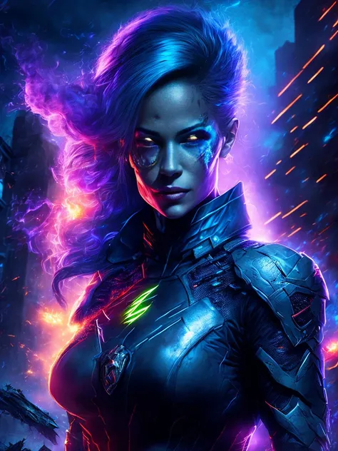 retrato sombrio de Zombie Black Flash da DC female, extremely detaild, futuristic city scape, night time, Bright neon lights, smoke, sparks, metal shavings, flying debris, blue energy effects, volumetric light