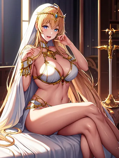 A priestess wearing a white bikini,Valkyrie,Leaning forward towards me、Crossing your legs、Sitting on the bed、Wearing a golden tiara、Healing、Angel Wings,belly button,simple,Particles of light,Thighs,Shiny skin,Big Mouth、Perfect lighting, One adult woman, Op...