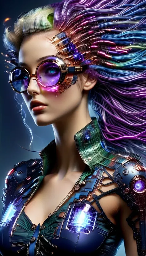 Un portrait hyperréaliste d’une sublime femme heureuse et rayonnante portant des lunettes, femme aux cheveux couleur violet irisé sombre foncé très_long et très détaillés, ((cheveux couleur violet irisé foncé électrique)), portant une robe en dentelle fait...