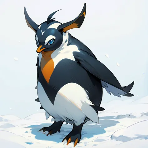 Full body version, watusi mixed with penguin, blue eyes, has long horns, Grassroots in snow