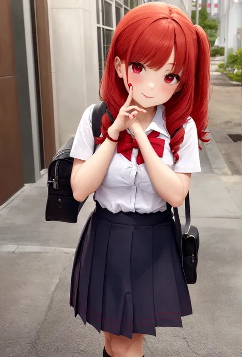 cute school girl, red hair, cute pose