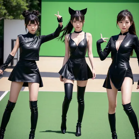 Three cute, beautiful Japanese girls in sexy black outfits. The camera angle is a full shot, so the characters whole bodies are in the shot. The characters are facing forward and trying to walk. The background is a single-color green screen.