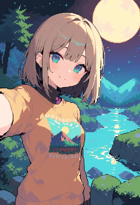 Pixel art, Veronica Cypher ((Upper body selfie, happiness的)), masterpiece, Highest quality, Super detailed, alone, Outdoor, (night), Mountain, nature, (star, moon) happiness, happiness的, gloves, sweater, have, flashlight, forest, rock, river, wood, to smok...