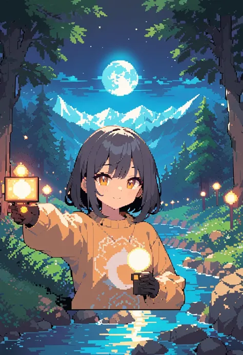 Pixel art, Veronica Cypher ((Upper body selfie, happiness的)), masterpiece, Highest quality, Super detailed, alone, Outdoor, (night), Mountain, nature, (star, moon) happiness, happiness的, gloves, sweater, have, flashlight, forest, rock, river, wood, to smok...