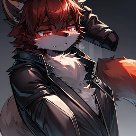 Raccoon, Furson, wearing black leather jacket, He has a red wool hat, Furson, tired face and tired eyes 