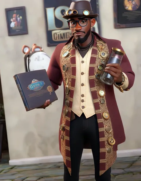 handsome black man, slim face, glasses, steampunk hat, slim body, disney, pixar, (Pixar style), Disney style, (masterpiece:1.2), (best quality) (detailed skin) (detailed texture) (8k) (cinematic lighting) (sharp focus)