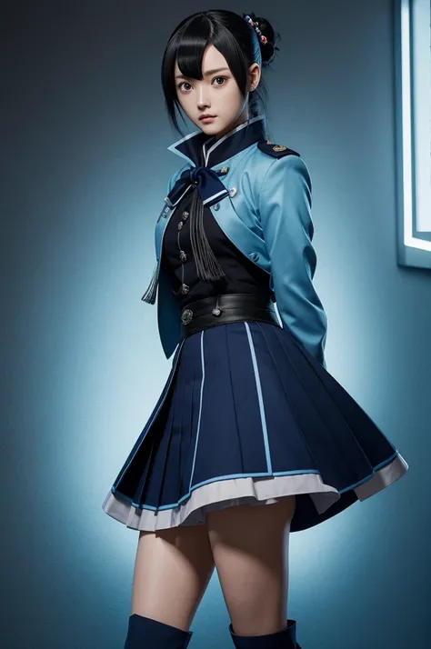 Persona of Kimetsu no Yaiba, Women, that has black and loose hair, with the hair in front divided in two and two strands tied in the back with a luminous light blue pearl brooch, light blue haori, and navy blue jacket uniform, half short skirt, long light ...